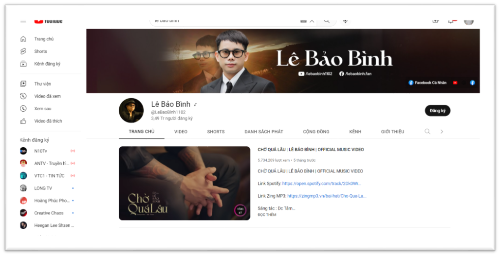 Figure 4 Kênh youtube của Lê Bảo Bình đạt gần 3,5 triệu người đăng ký